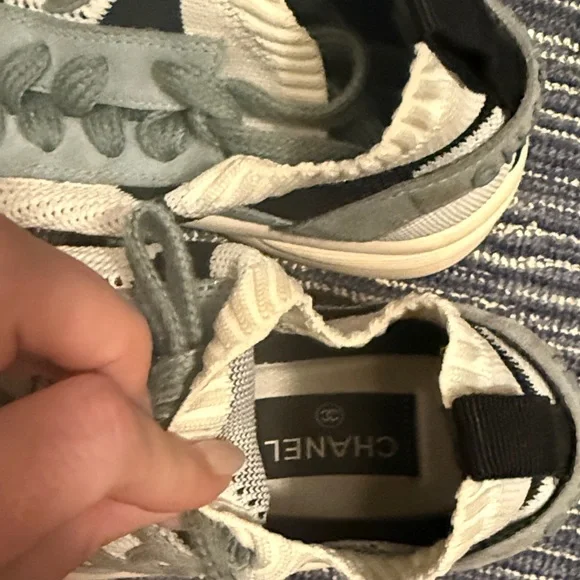 CHANEL Men's Knit & Suede Sneakers in Light Blue, Cream and Black - Picture 2 of 6